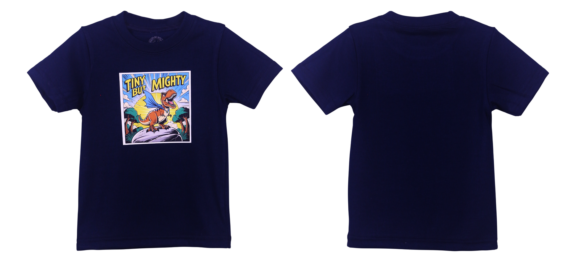 Front and back view of navy blue kids T-shirt with cartoon dinosaur and text "Tiny But Mighty" on front print
