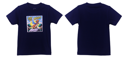 Front and back view of navy blue kids T-shirt with cartoon dinosaur and text "Tiny But Mighty" on front print