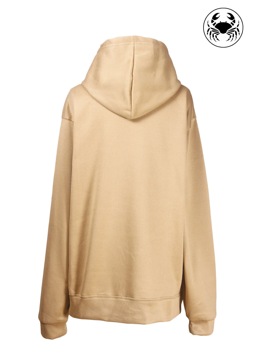 Back view of Unisex camel brown hoodie with a soft fleece texture, front kangaroo pocket, drawstring hood, and an embroidered chest design featuring a horse
