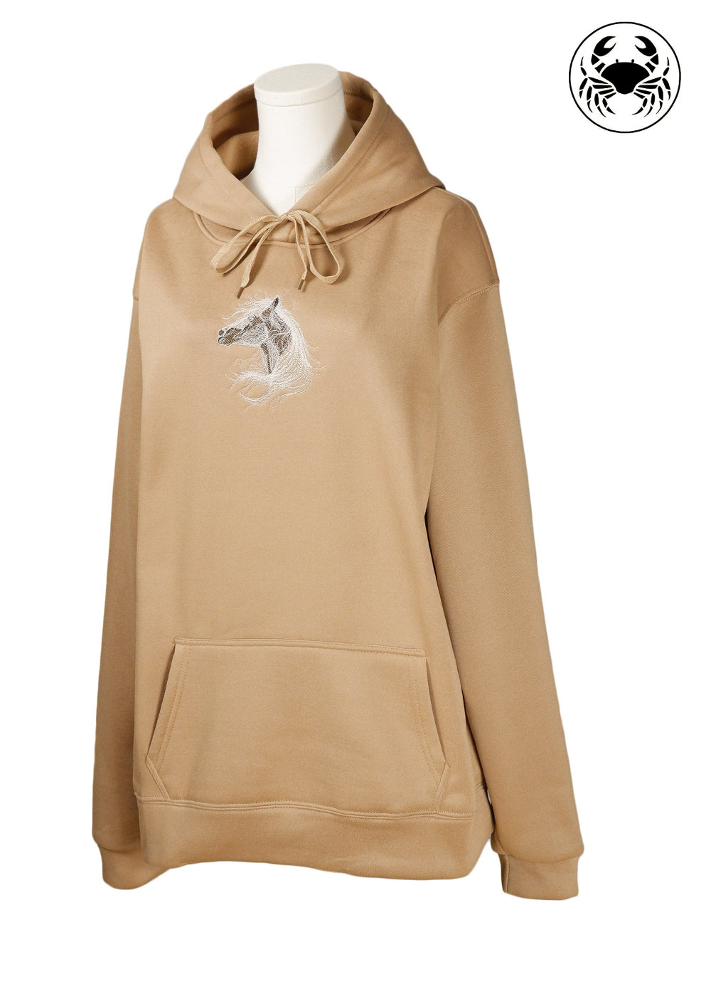 Wide view of Unisex camel brown hoodie with a soft fleece texture, front kangaroo pocket, drawstring hood, and an embroidered chest design featuring a horse
