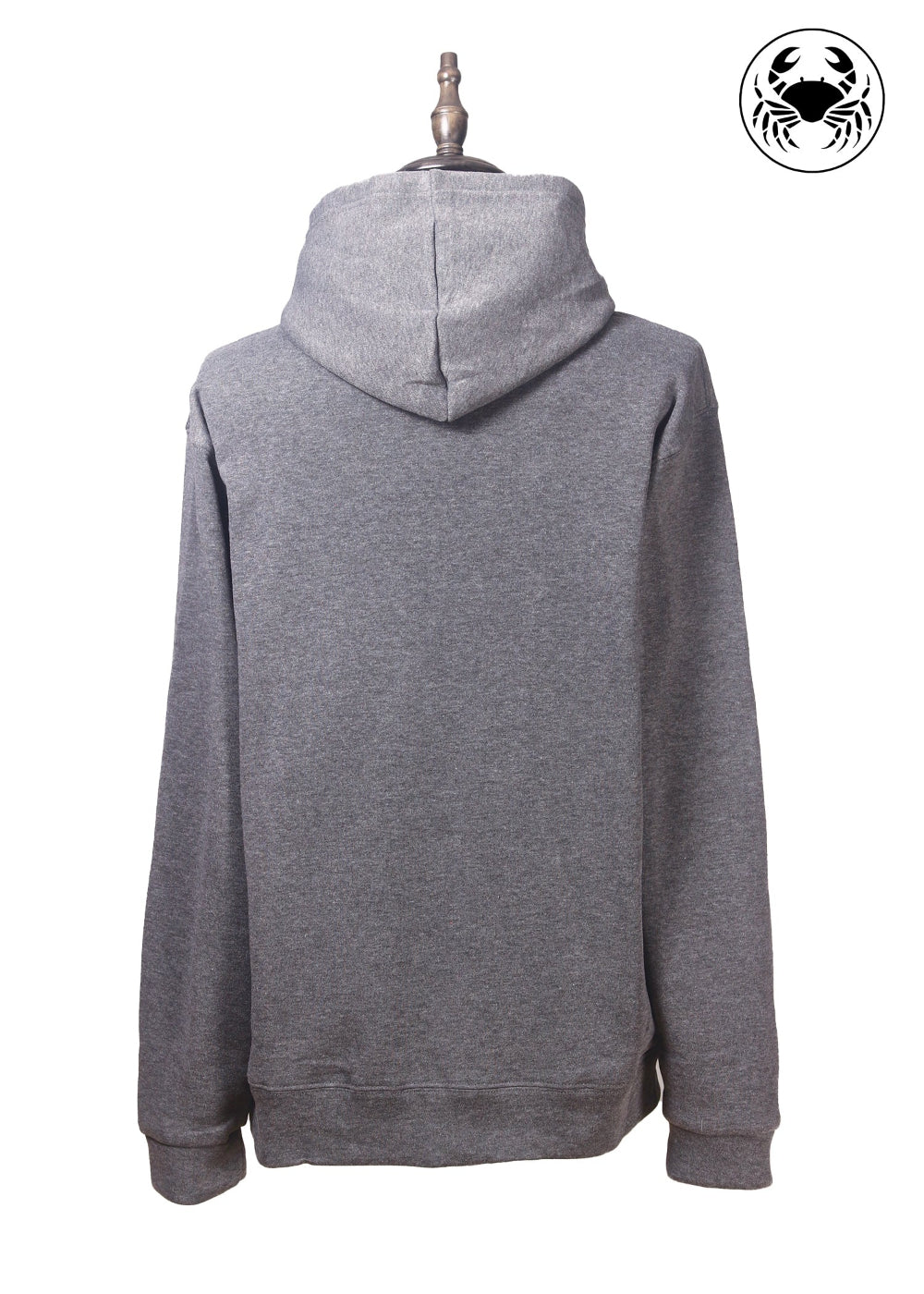 Back view of Unisex charcoal gray fleece hoodie with a front kangaroo pocket, drawstring hood, and a  chest graphic featuring a mushroom