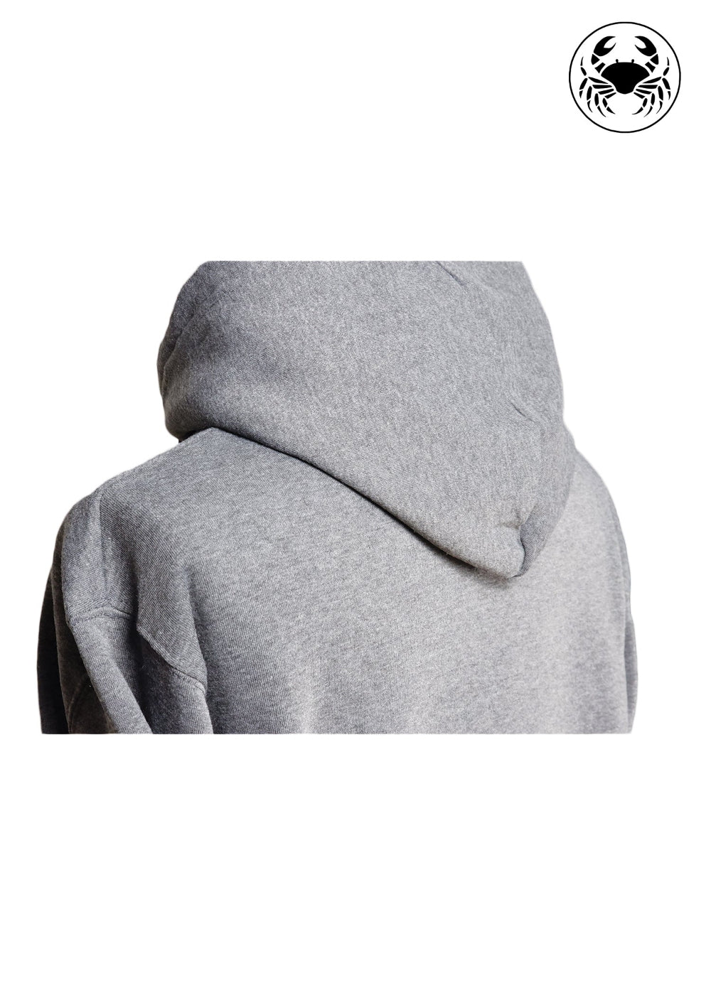 Shoulder view of Unisex charcoal gray fleece hoodie with a front kangaroo pocket, drawstring hood, and a chest graphic featuring a mushroom and botanical leaves