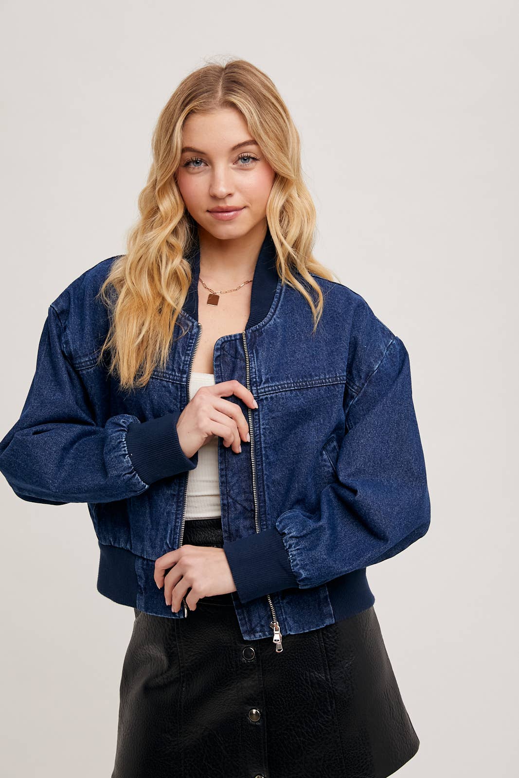 Women's denim bomber jacket from Karkata NC Boutique