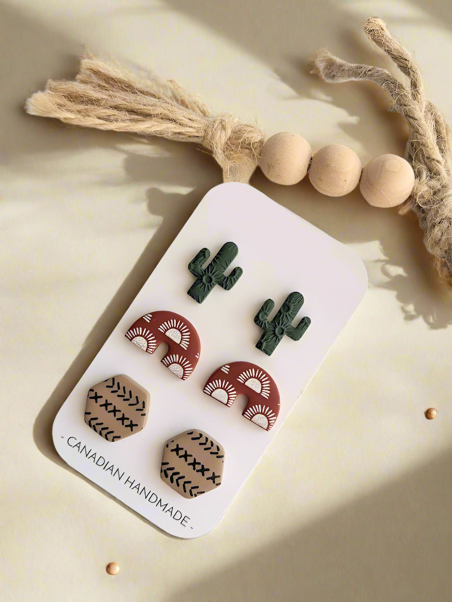 Handmade Polymer Clay Earrings – Cactus, Terracotta Rainbow, and Tribal Geometric Studs by Karkata NC Boutique, Canadian Handmade Jewelry