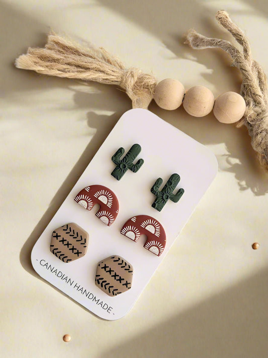 Handmade Polymer Clay Earrings – Cactus, Terracotta Rainbow, and Tribal Geometric Studs by Karkata NC Boutique, Canadian Handmade Jewelry