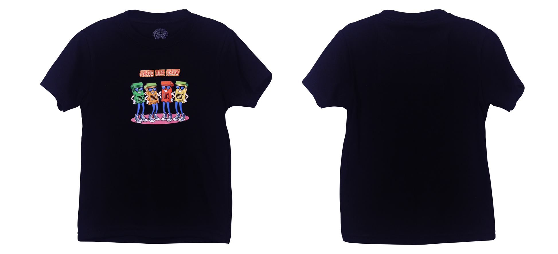Black kids t-shirt with colorful cartoon juice boxes and playful lettering that says “Juice Box Crew.”