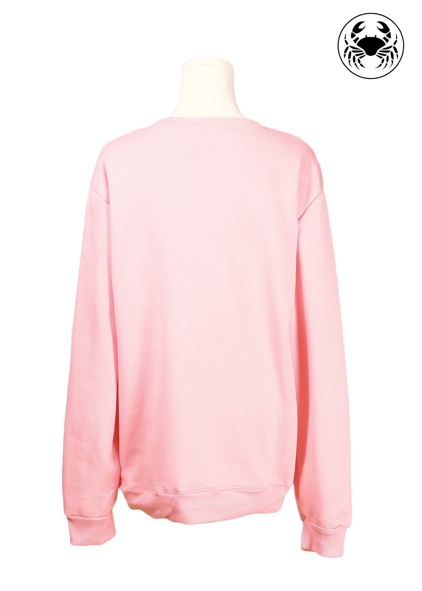 Back view of Light pink unisex crewneck sweatshirt featuring a embroidered heart design on the chest, long sleeves, ribbed cuffs and hem