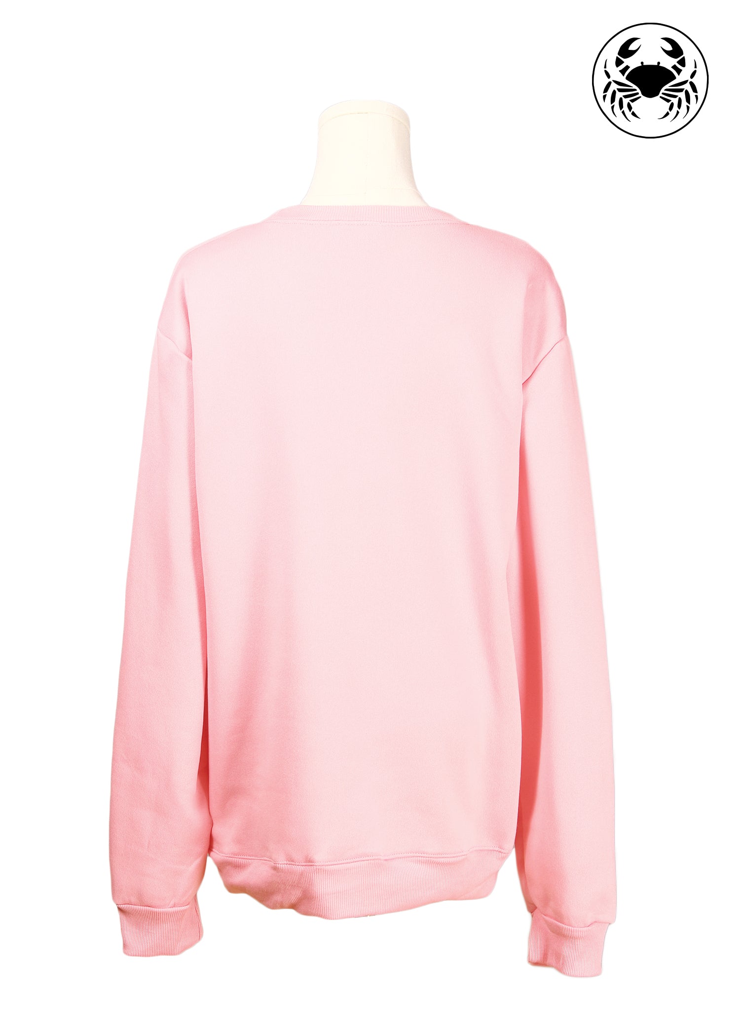 Back view of Light pink unisex crewneck sweatshirt featuring a embroidered heart design on the chest, long sleeves, ribbed cuffs and hem