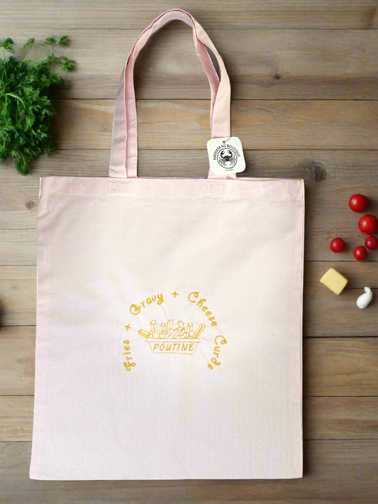 Embroidered cotton tote bag with poutine ingredients – Fries, Gravy, Cheese Curds design – pink 