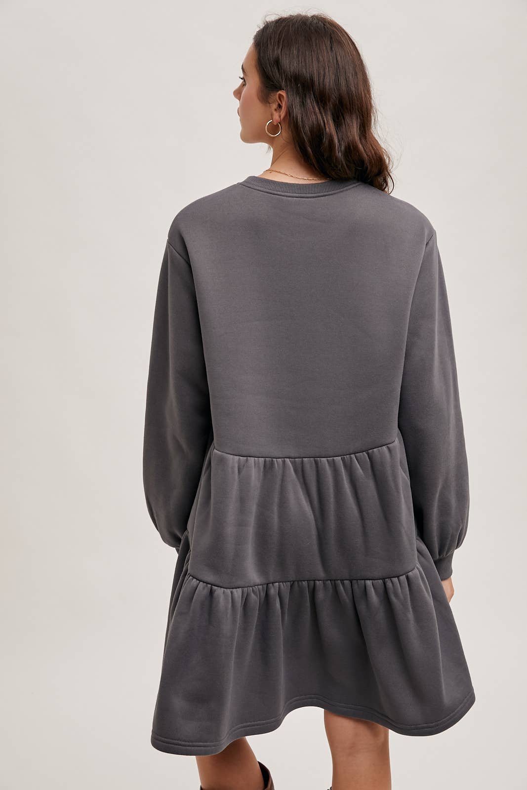 Karkata NC Boutique ash grey tiered sweatshirt knit dress back view