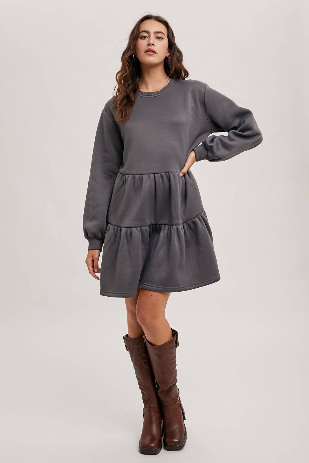 Karkata NC Boutique ash grey tiered sweatshirt knit dress