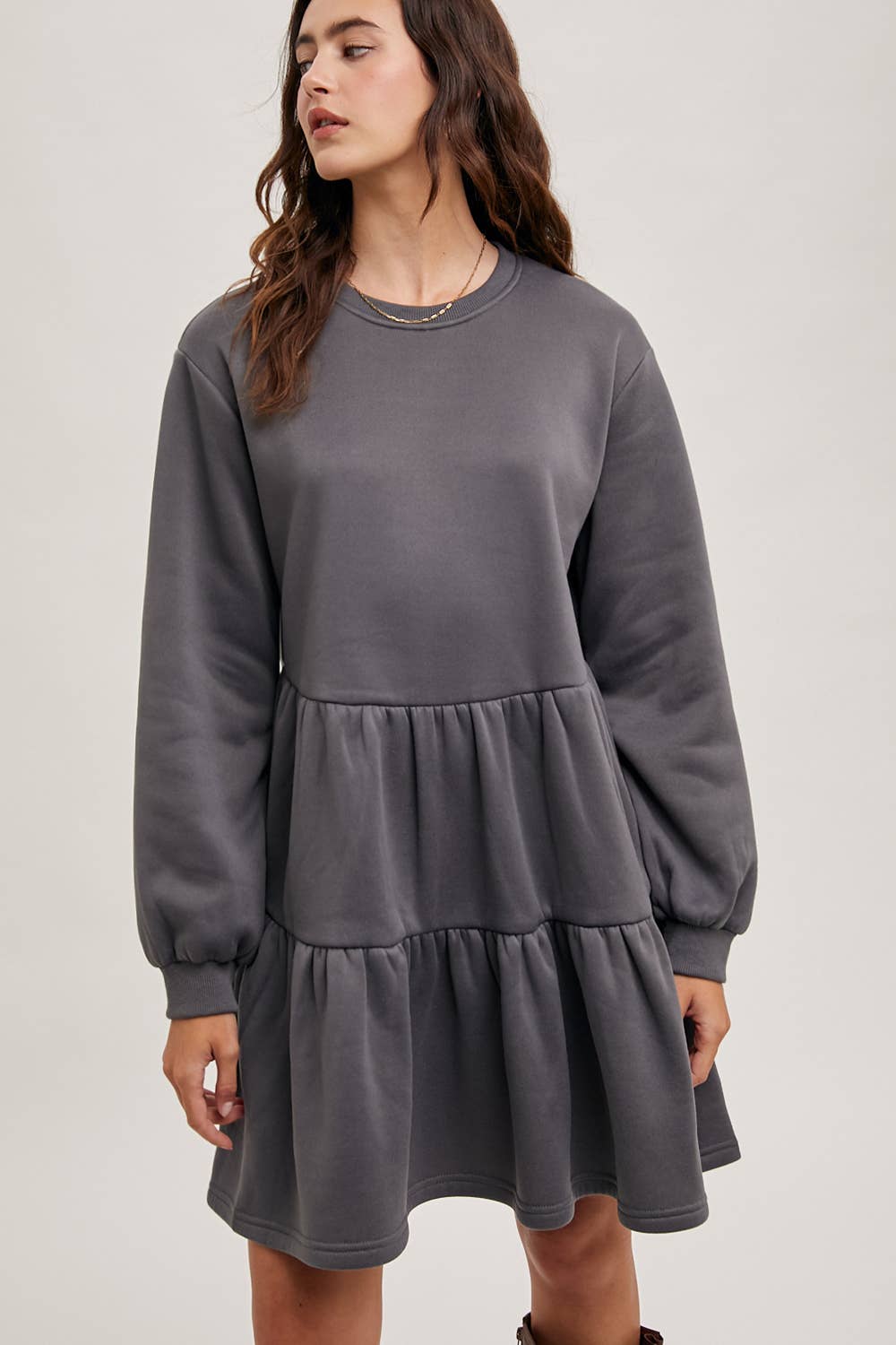 Karkata NC Boutique ash grey tiered sweatshirt knit dress front view