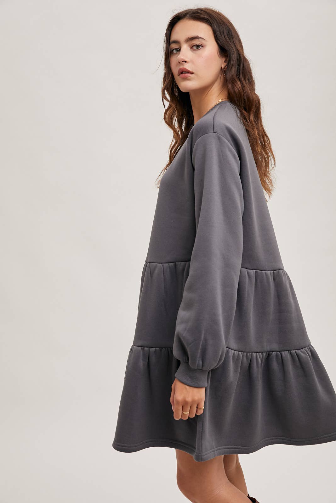 Karkata NC Boutique ash grey tiered sweatshirt knit dress side view