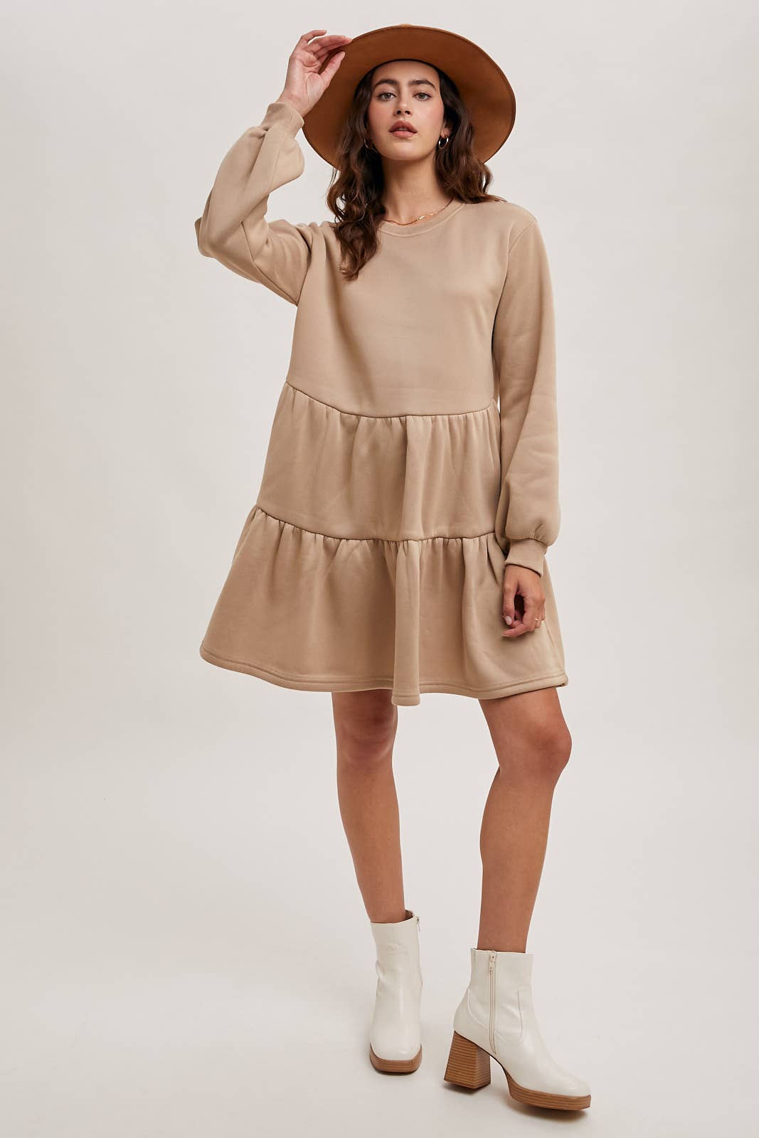 Karkata NC Boutique beige tiered sweatshirt knit dress