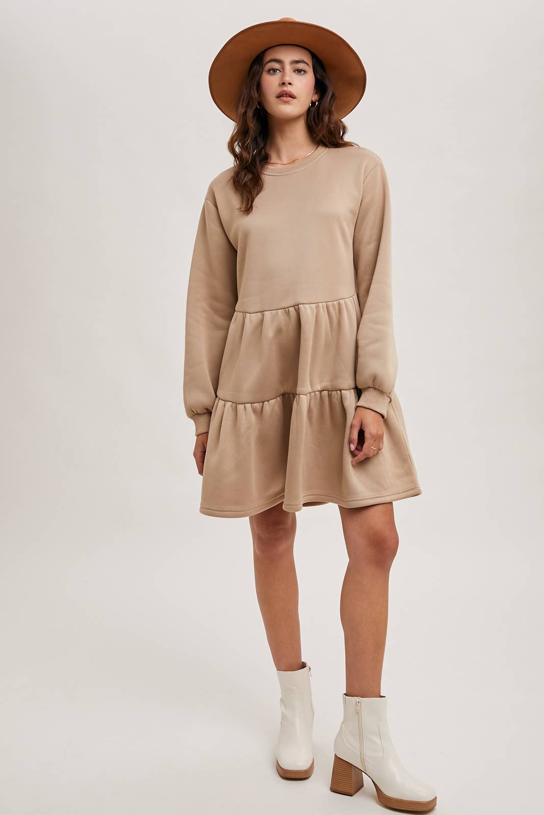 Karkata NC Boutique beige tiered sweatshirt knit dress