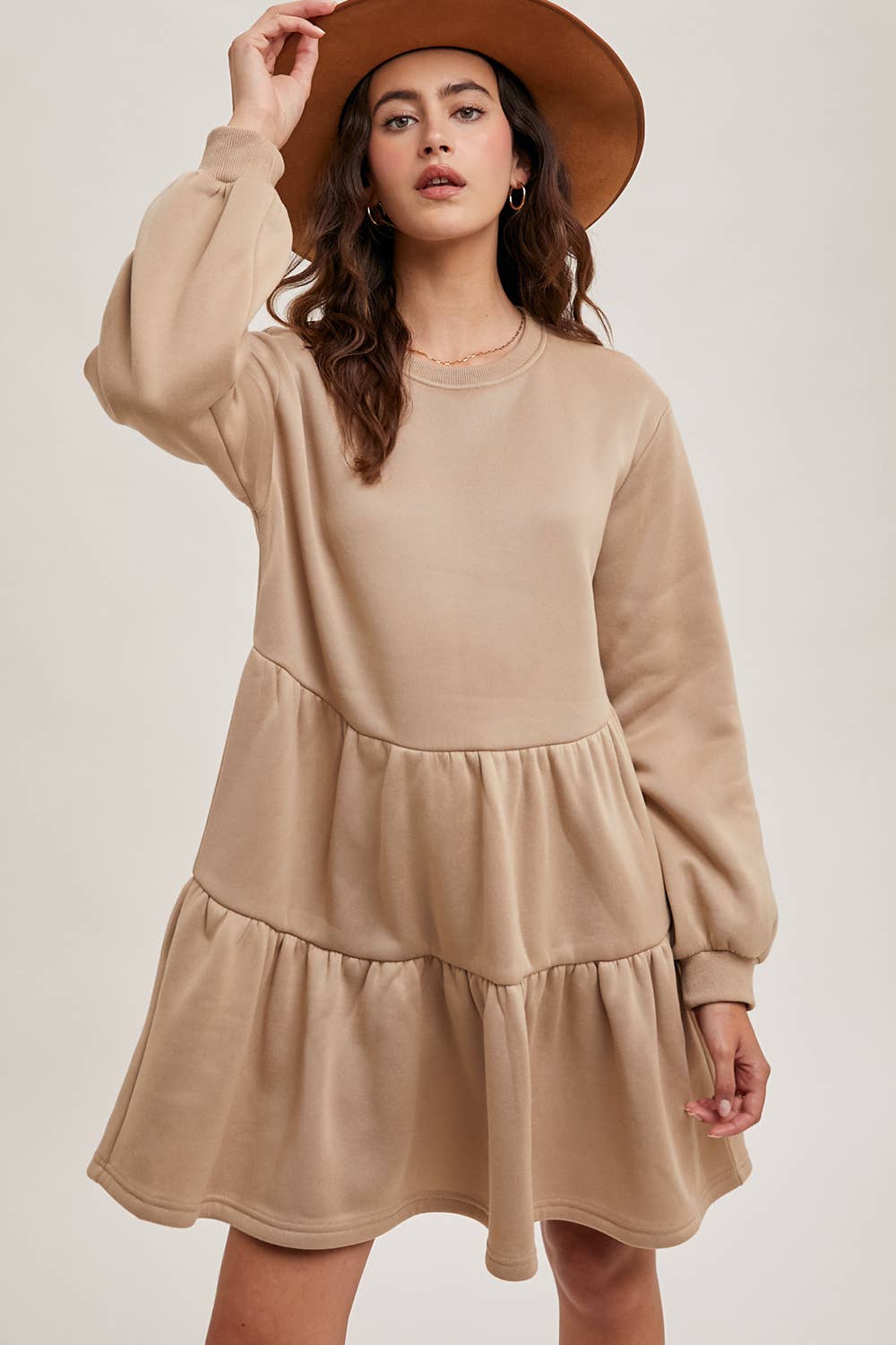 Karkata NC Boutique beige tiered sweatshirt knit dress front view