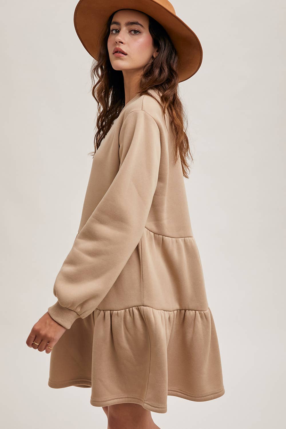 Karkata NC Boutique beige tiered sweatshirt knit dress side view