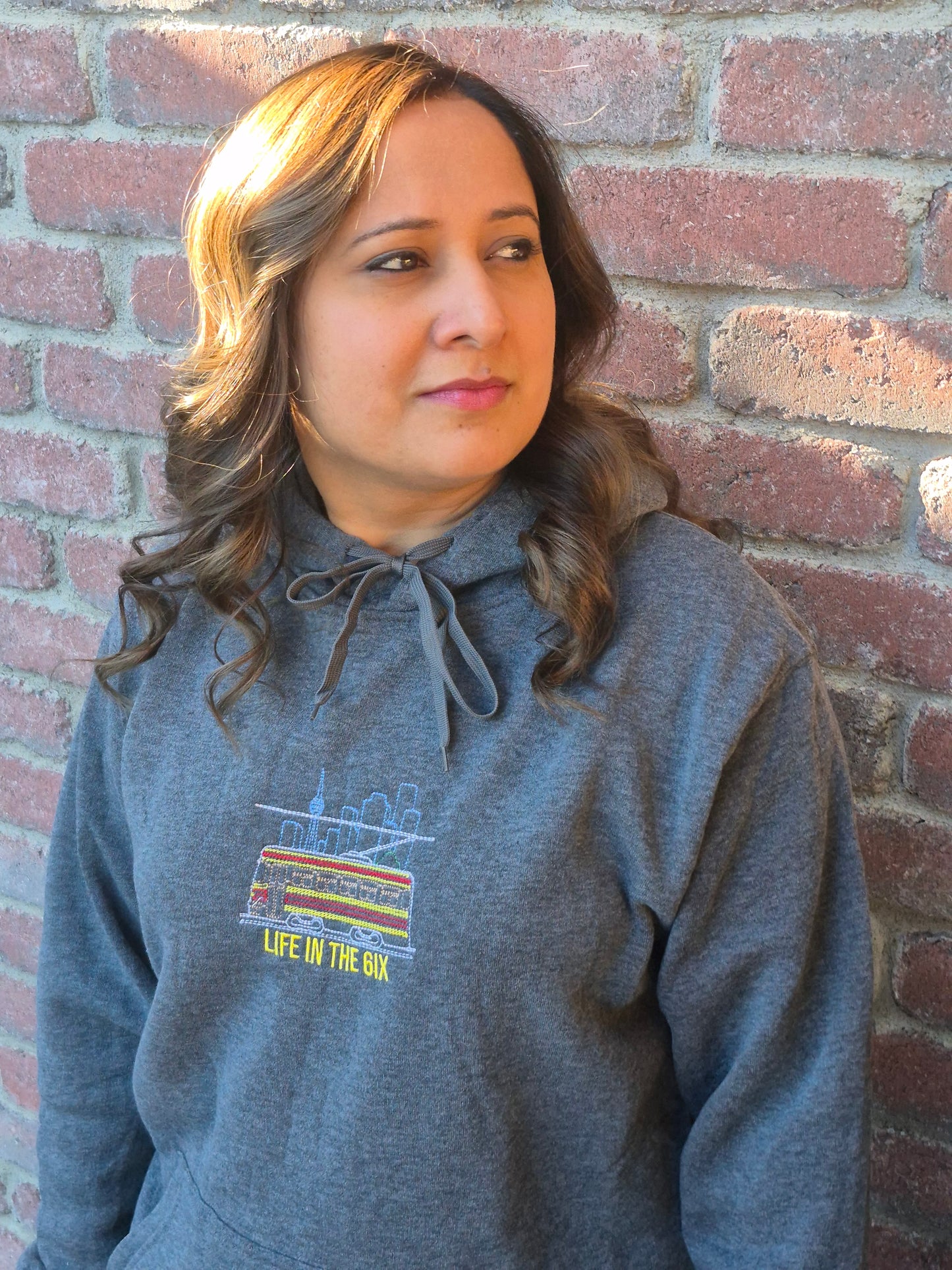 Close-up of a person in a grey Toronto Skyline Streetcar embroidered hoodie showing the city skyline, streetcar, CN Tower, and “Life in the 6ix” text.