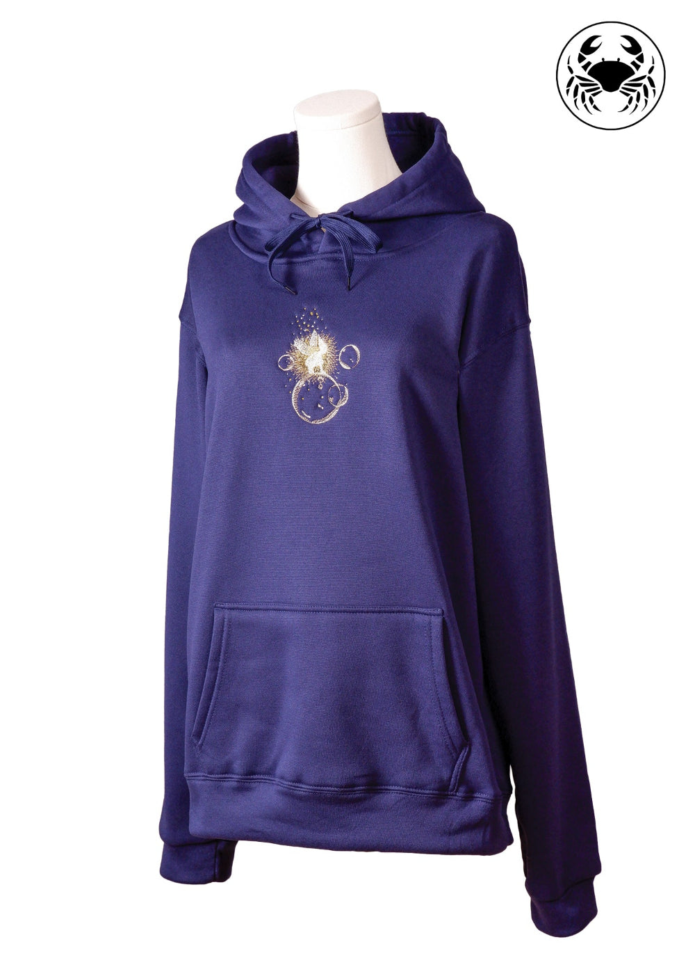 Front angled view of navy blue hoodie with embroidered fairy sitting on bubbles, Canadian apparel