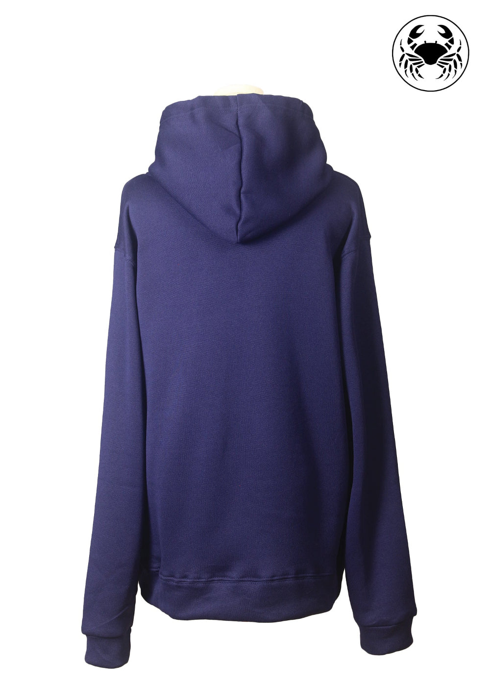 Back view of navy blue hoodie, fairy and bubble embroidery on the front, Canadian apparel