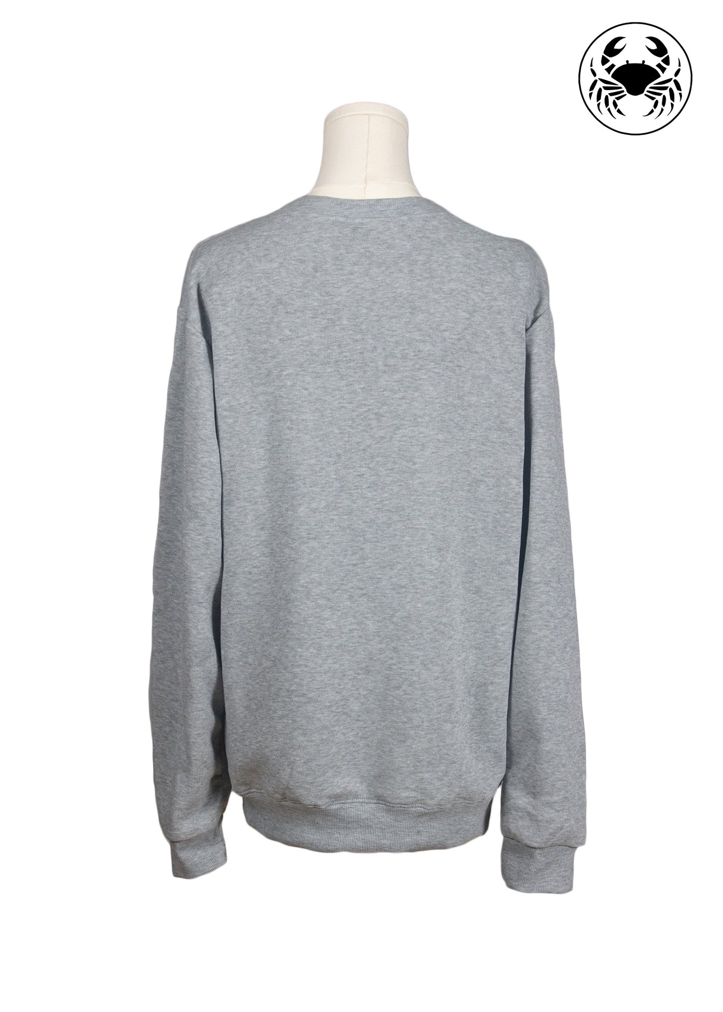 Back view of light grey sweatshirt, “peaceful mind, grateful heart” embroidered text on front, Canadian apparel