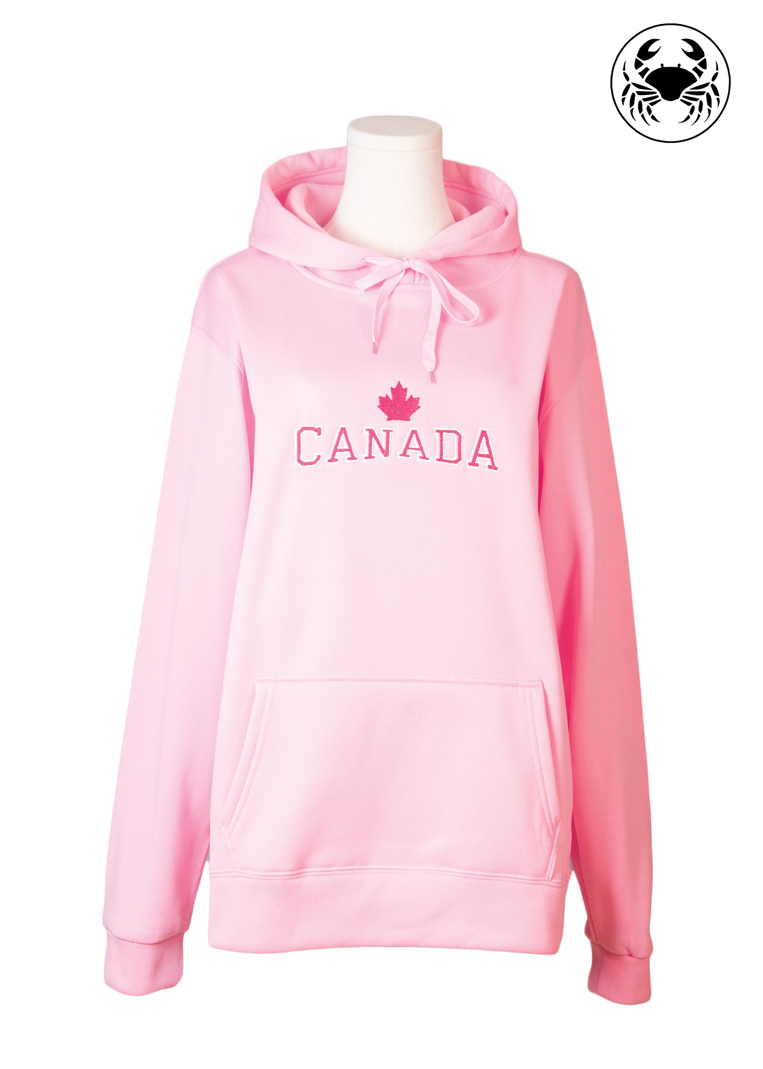 Front view of pink hoodie with maple leaf and embroidered “CANADA” text, Canadian apparel
