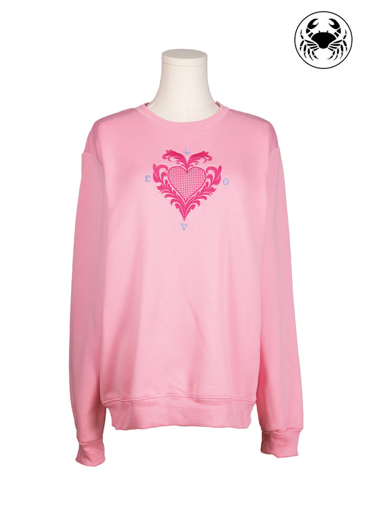 Front view of pink sweatshirt with embroidered Victorian style heart and “Love” design, Canadian apparel