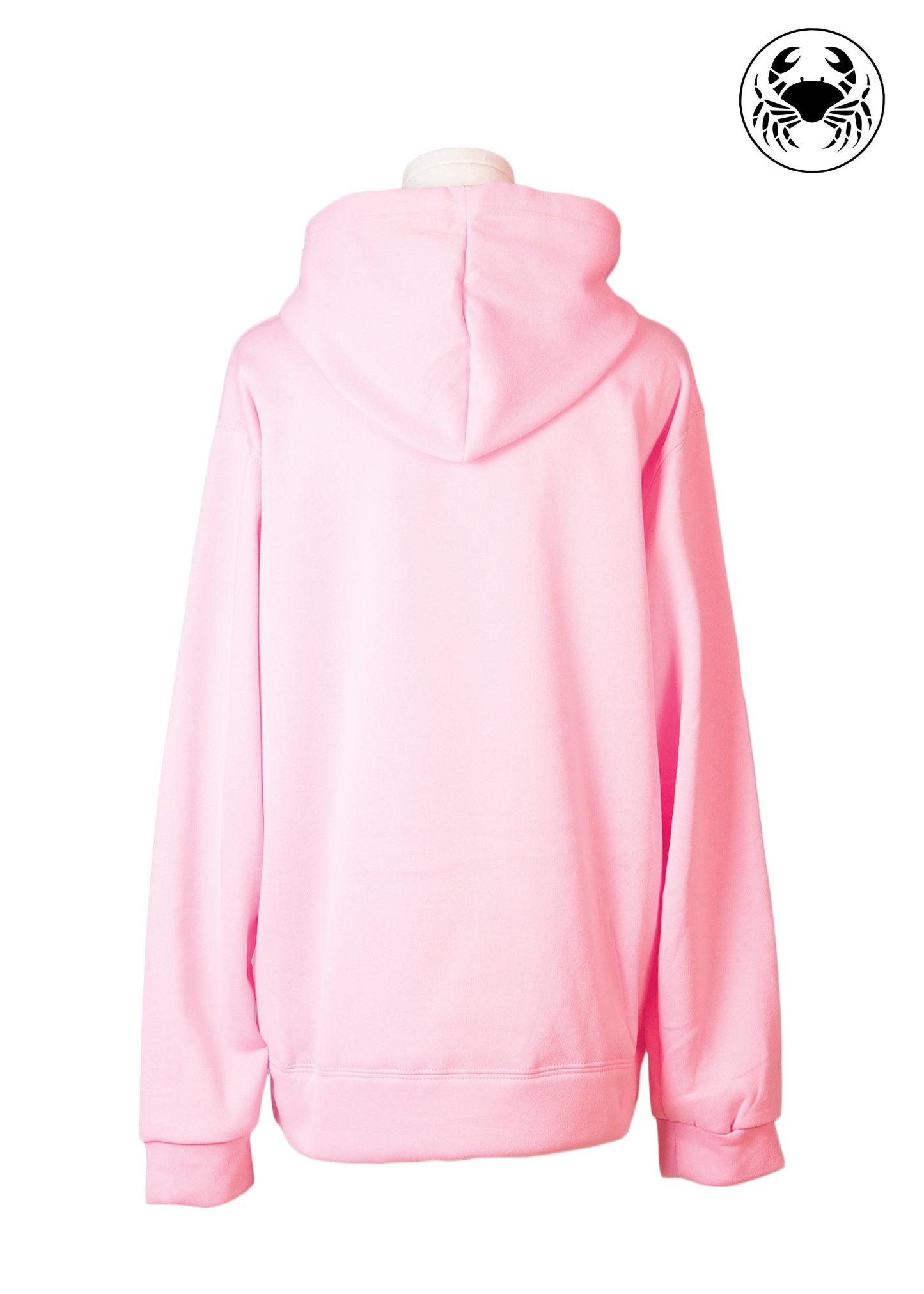 Back view of pink embroidered hoodie with hockey sticks and “All Is Fair in Love and Hockey” text, cozy Canadian apparel, unisex fit