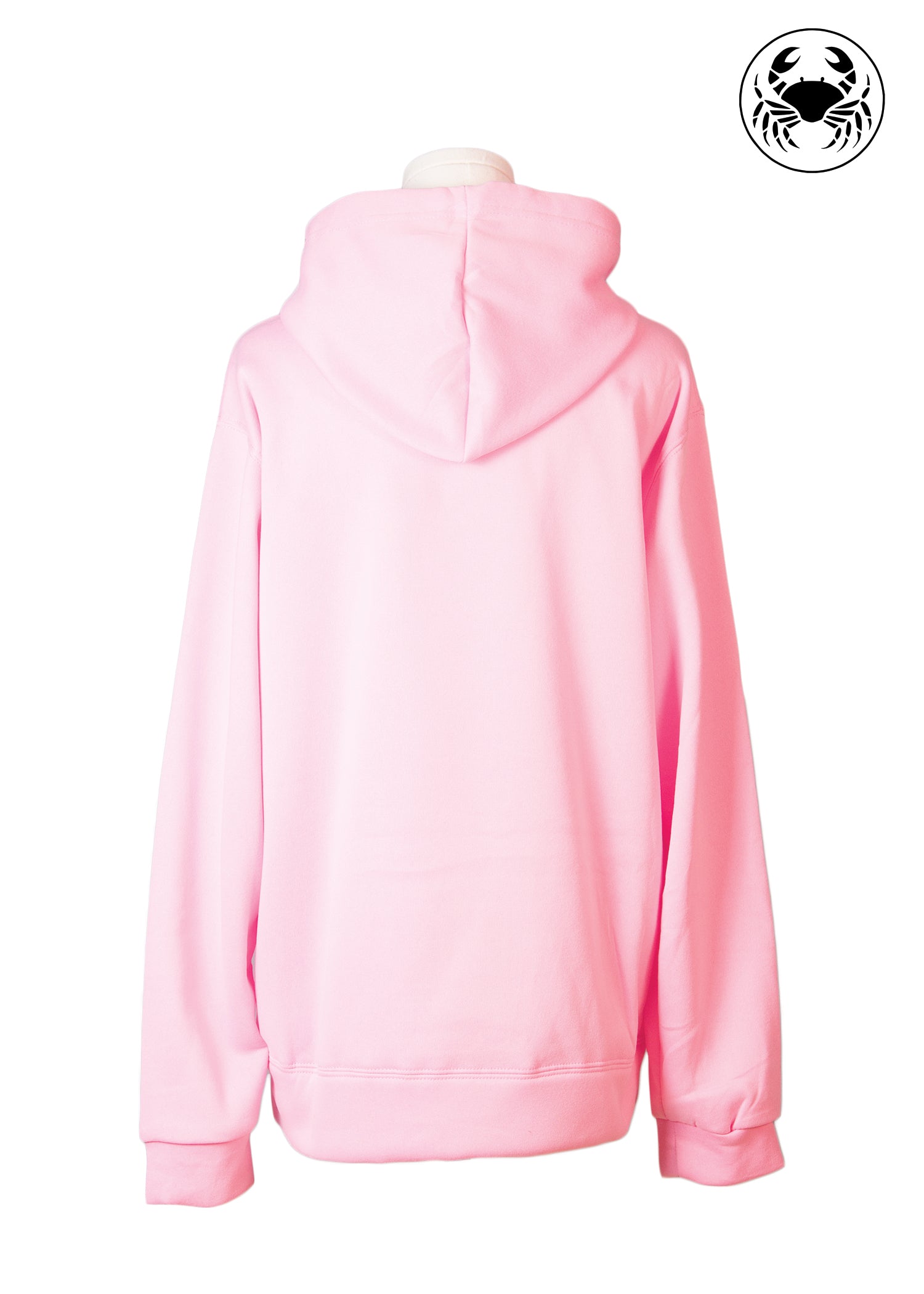 Back view of pink embroidered hoodie with hockey sticks and “All Is Fair in Love and Hockey” text, cozy Canadian apparel, unisex fit