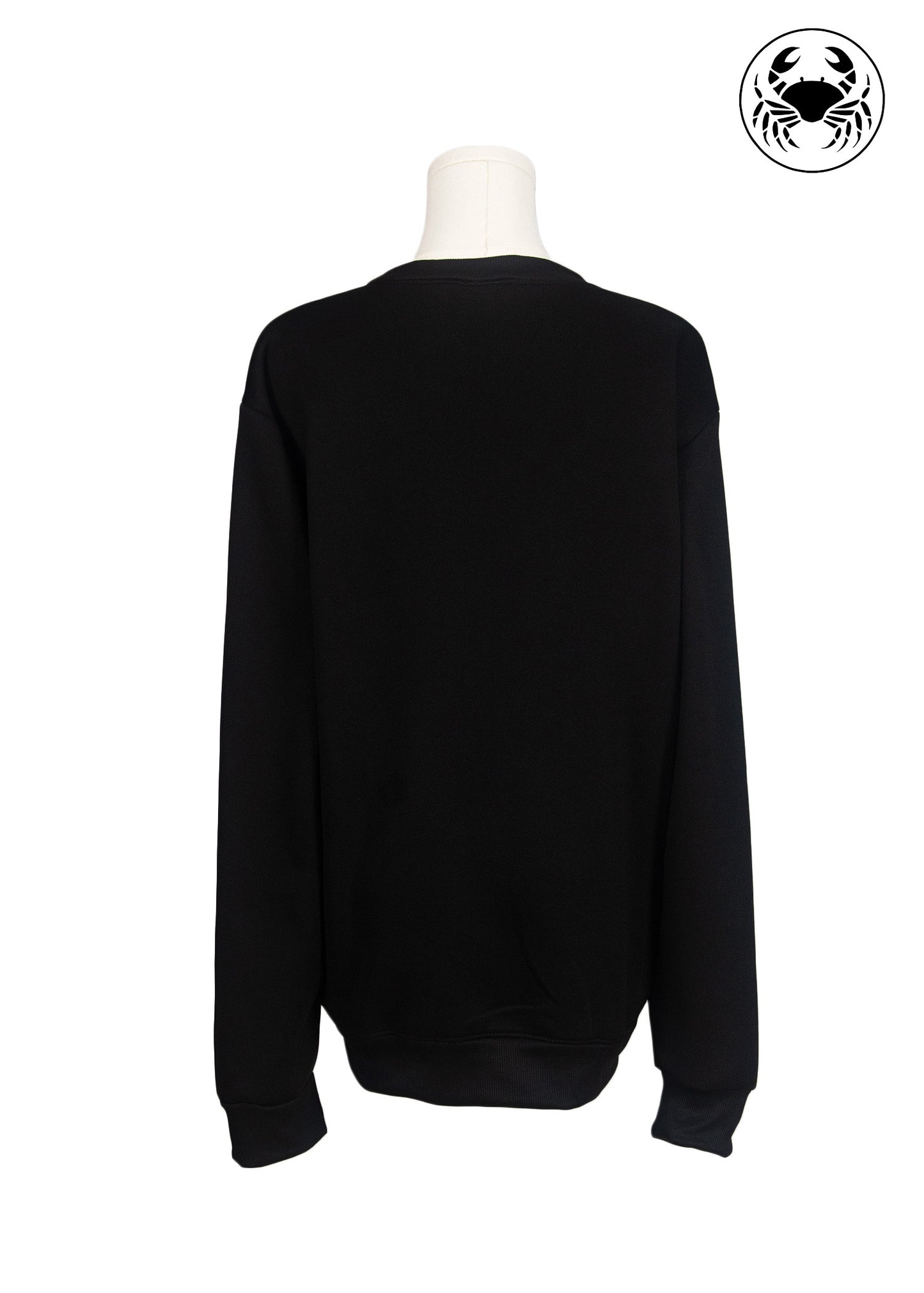 Back view of black sweatshirt, Queen of Hearts embroidered design on front, Canadian apparel