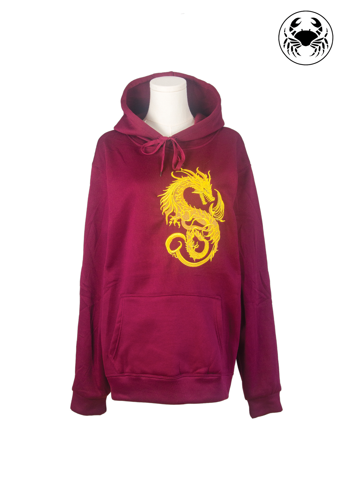 Front view of red color hoodie with Golden Dragon embroidery