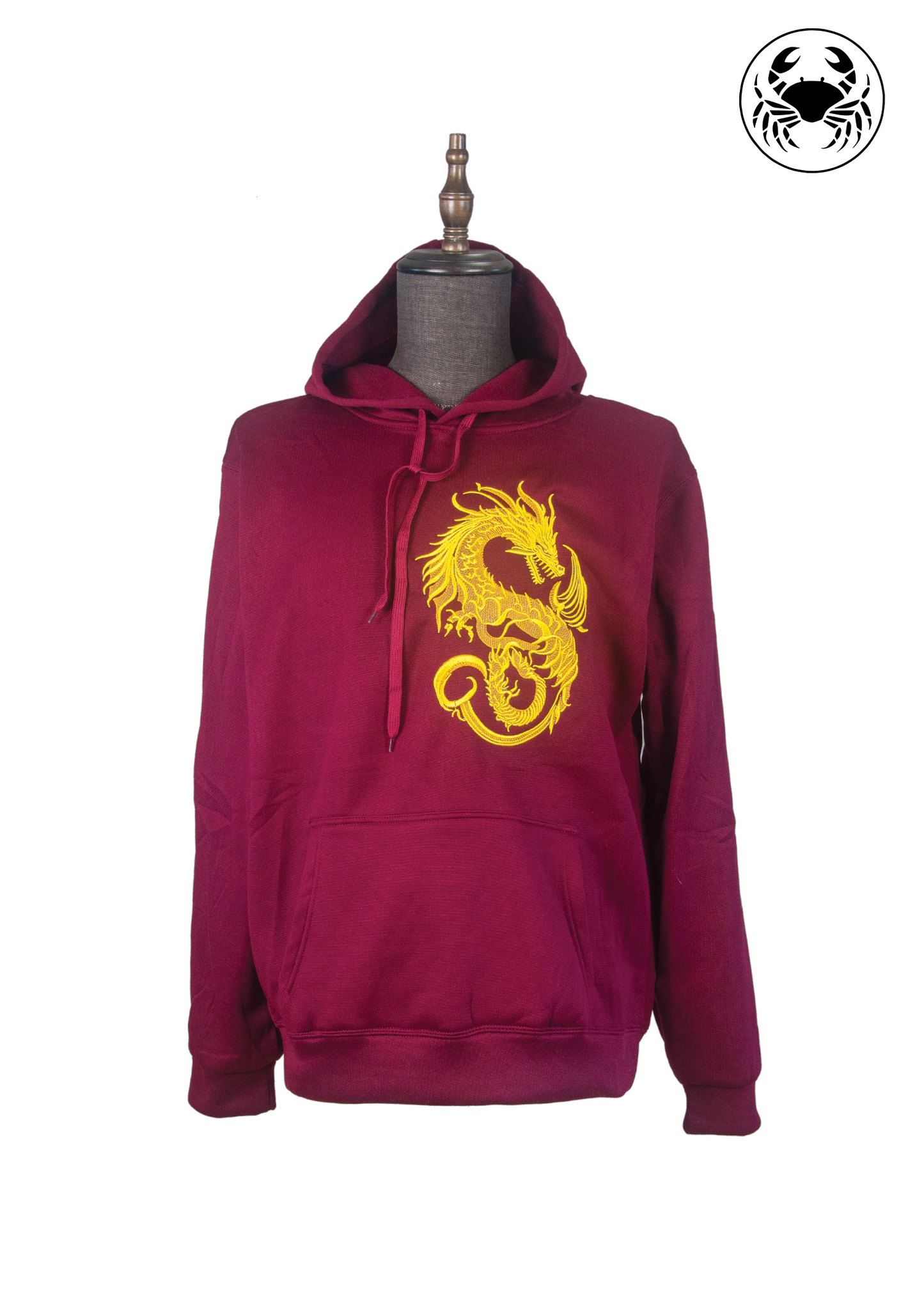 Front view of red color hoodie with  Golden Dragon embroidery