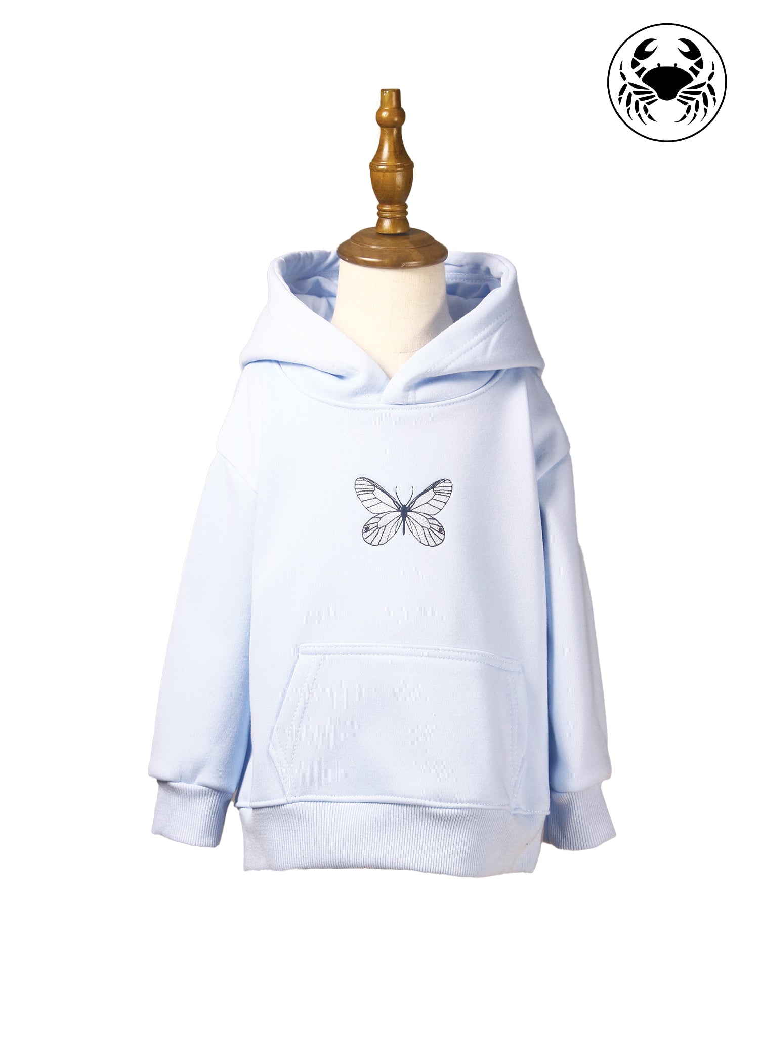 Front view of sky blue hoodie for kids with embroidered butterfly design, Canadian apparel