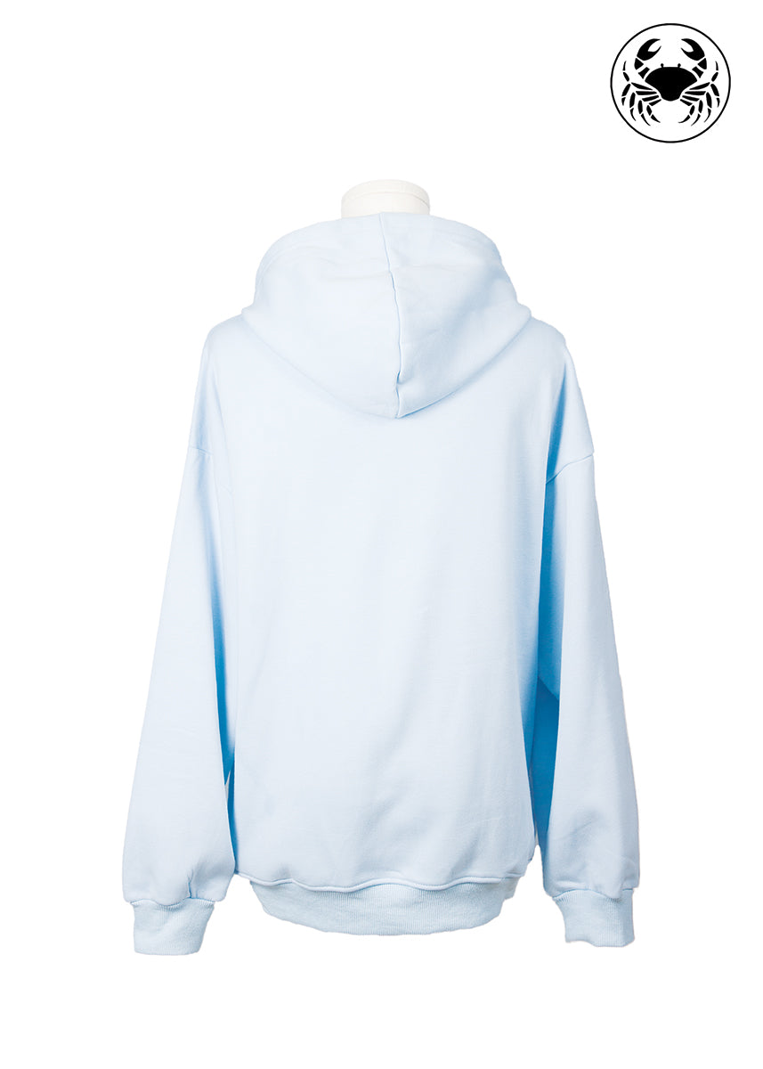 Back view of sky blue hoodie, Toronto skyline embroidery on front, Canadian apparel