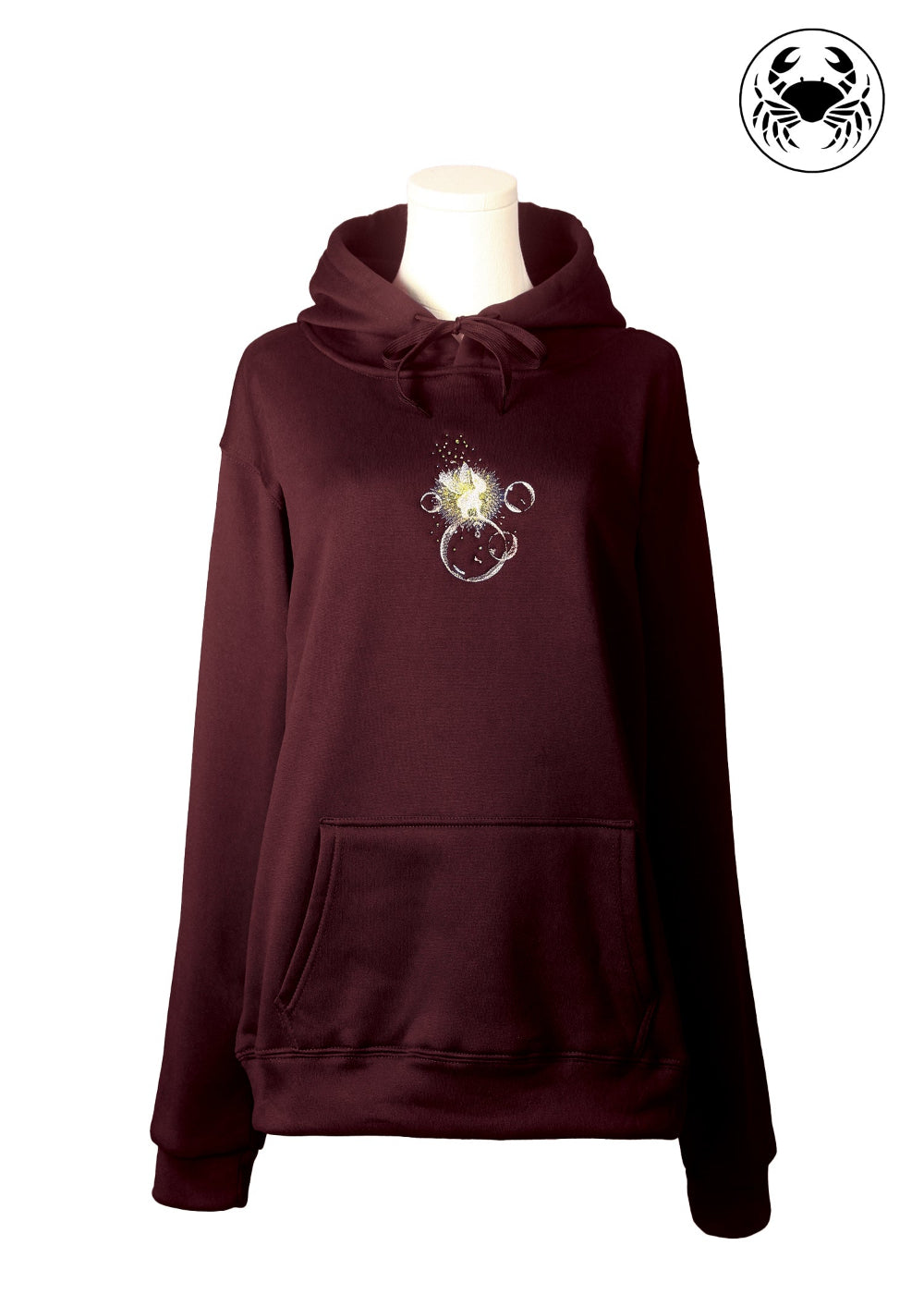 Front view of wine red hoodie with embroidered fairy sitting on bubbles, Canadian apparel