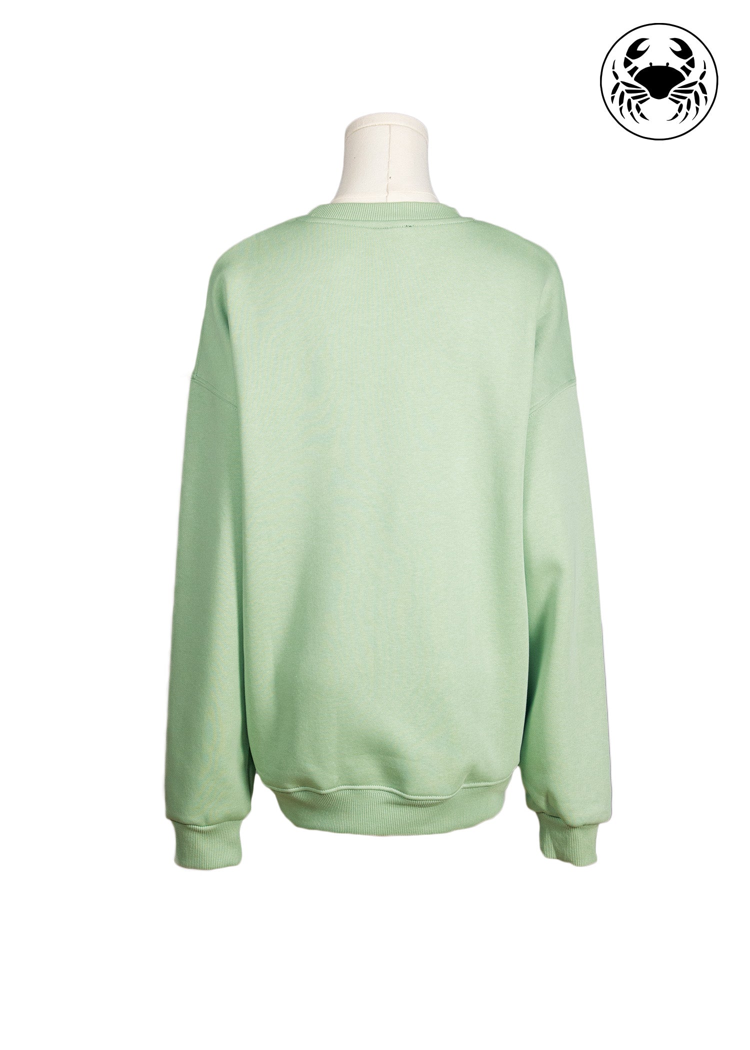 Back view of pastel green sweatshirt with “you’re a catch” fish embroidery, Canadian apparel